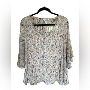 Sundance Floral Pintuck Boho Blouse Size L Sheer Flowy Romantic Top Cottagecore